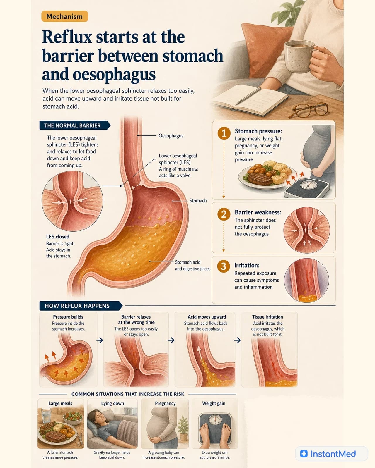 Reflux starts at the barrier between stomach and oesophagus. Stomach pressure, sphincter relaxation, and acid irritation explain many common symptoms.
