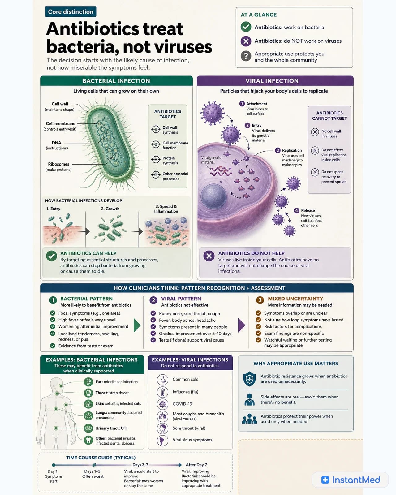 Antibiotics treat bacteria, not viruses. The decision starts with the likely cause of infection, not how severe the symptoms feel.