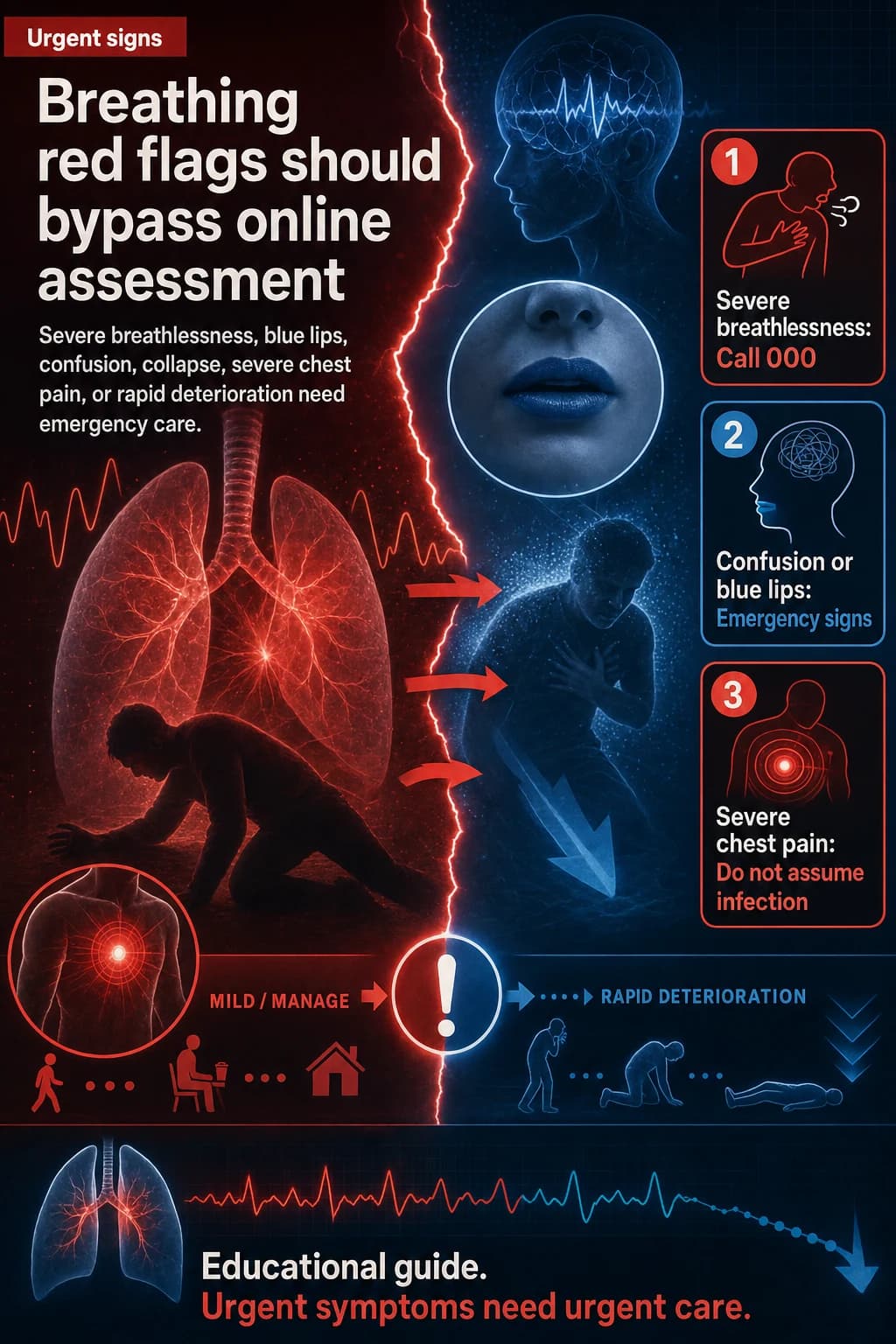 Breathing red flags should bypass online assessment: Severe breathlessness, blue lips, confusion, collapse, severe chest pain, or rapid deterioration need emergency care.
