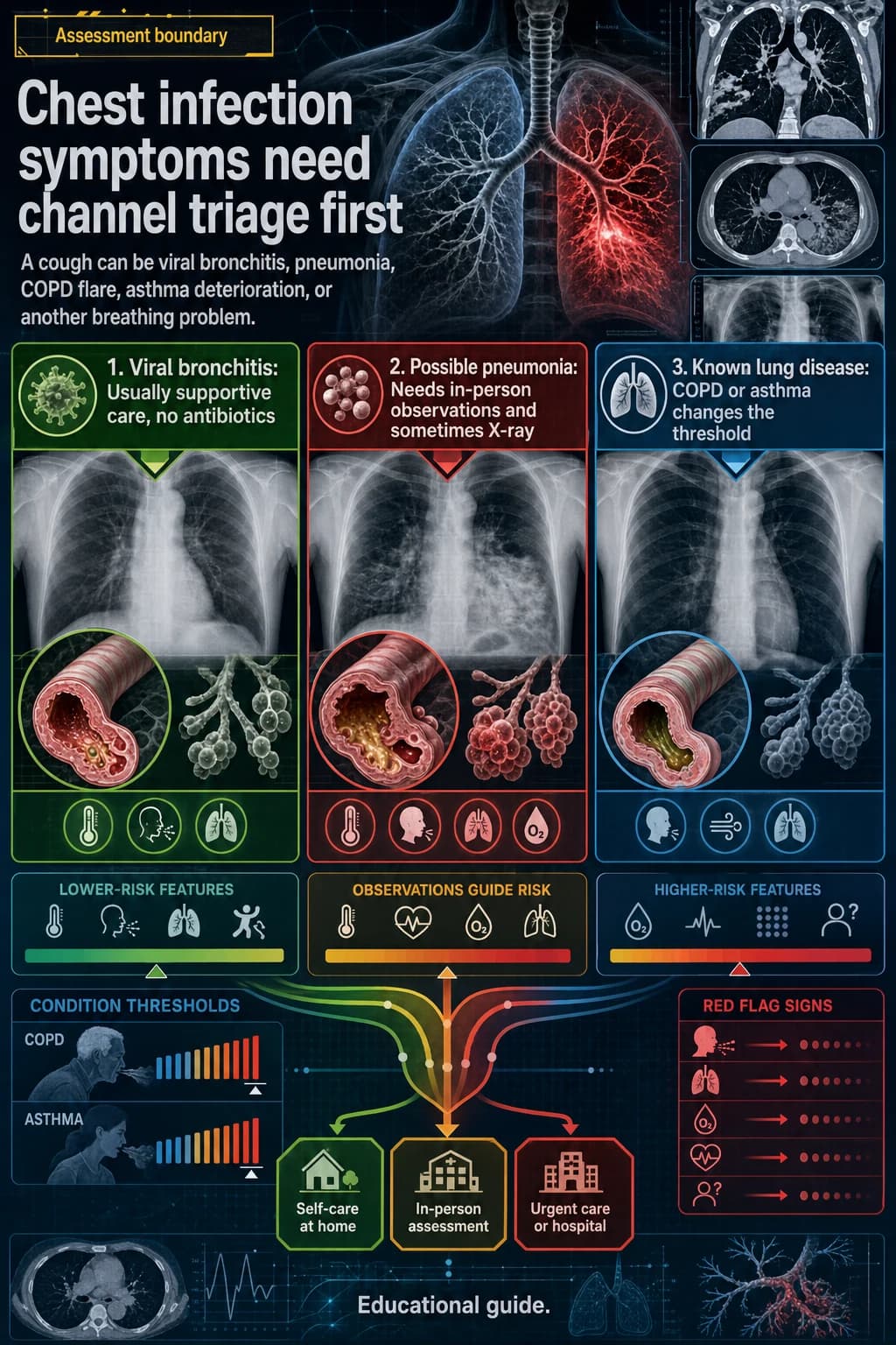 Chest infection assessment depends on whether symptoms suggest viral bronchitis, lower-risk bacterial infection, pneumonia, or urgent breathing risk.