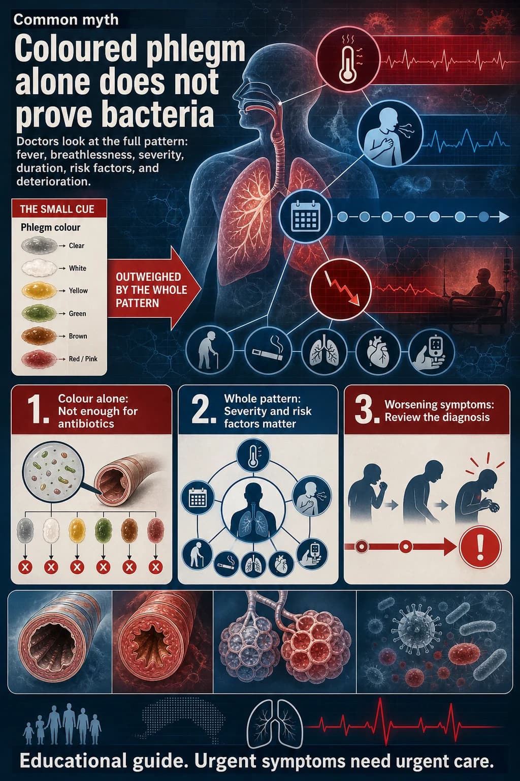 Coloured phlegm alone does not prove bacteria: Doctors look at the full pattern: fever, breathlessness, severity, duration, risk factors, and deterioration.