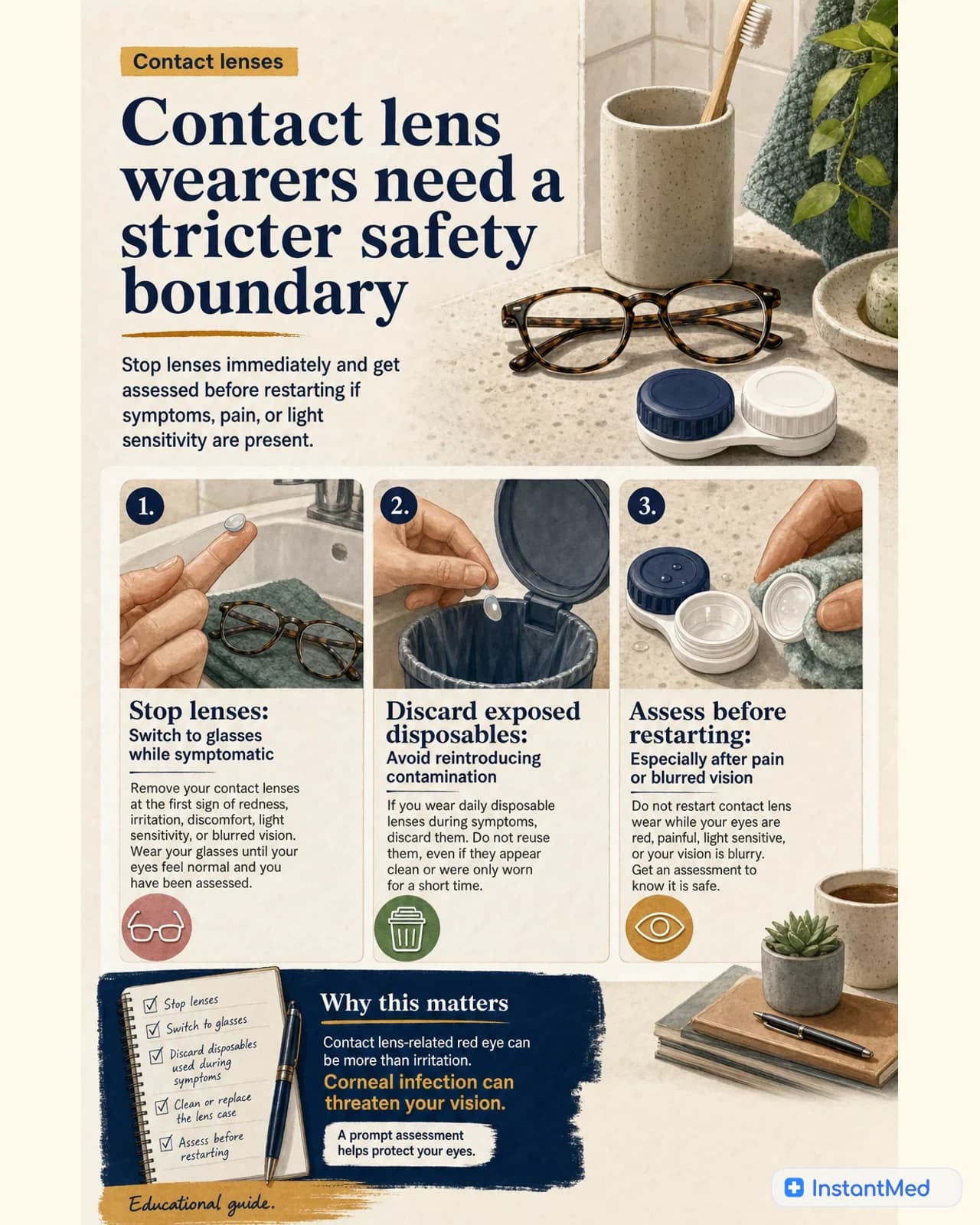 Contact lens wearers need a stricter safety boundary: Stop lenses immediately and get assessed before restarting if symptoms, pain, or light sensitivity are present.