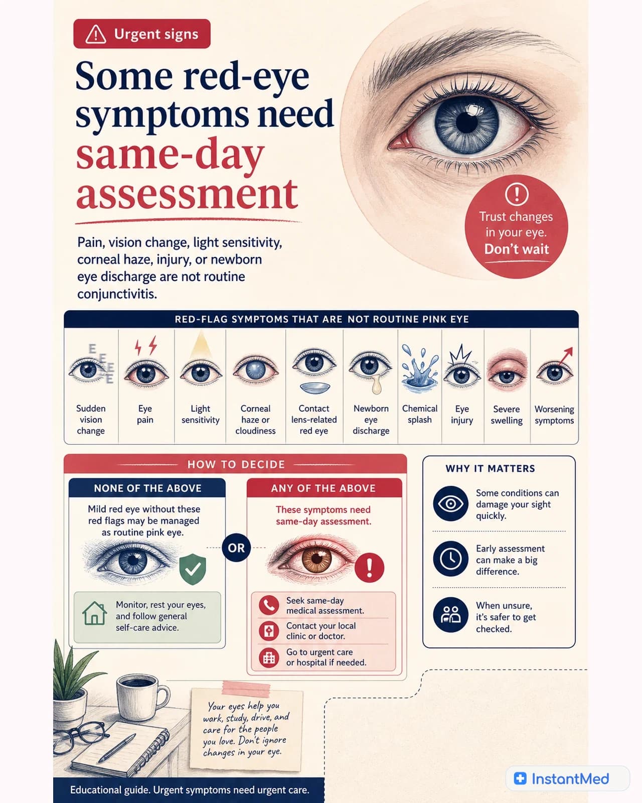 Some red-eye symptoms need same-day assessment: Pain, vision change, light sensitivity, corneal haze, injury, or newborn eye discharge are not routine conjunctivitis.