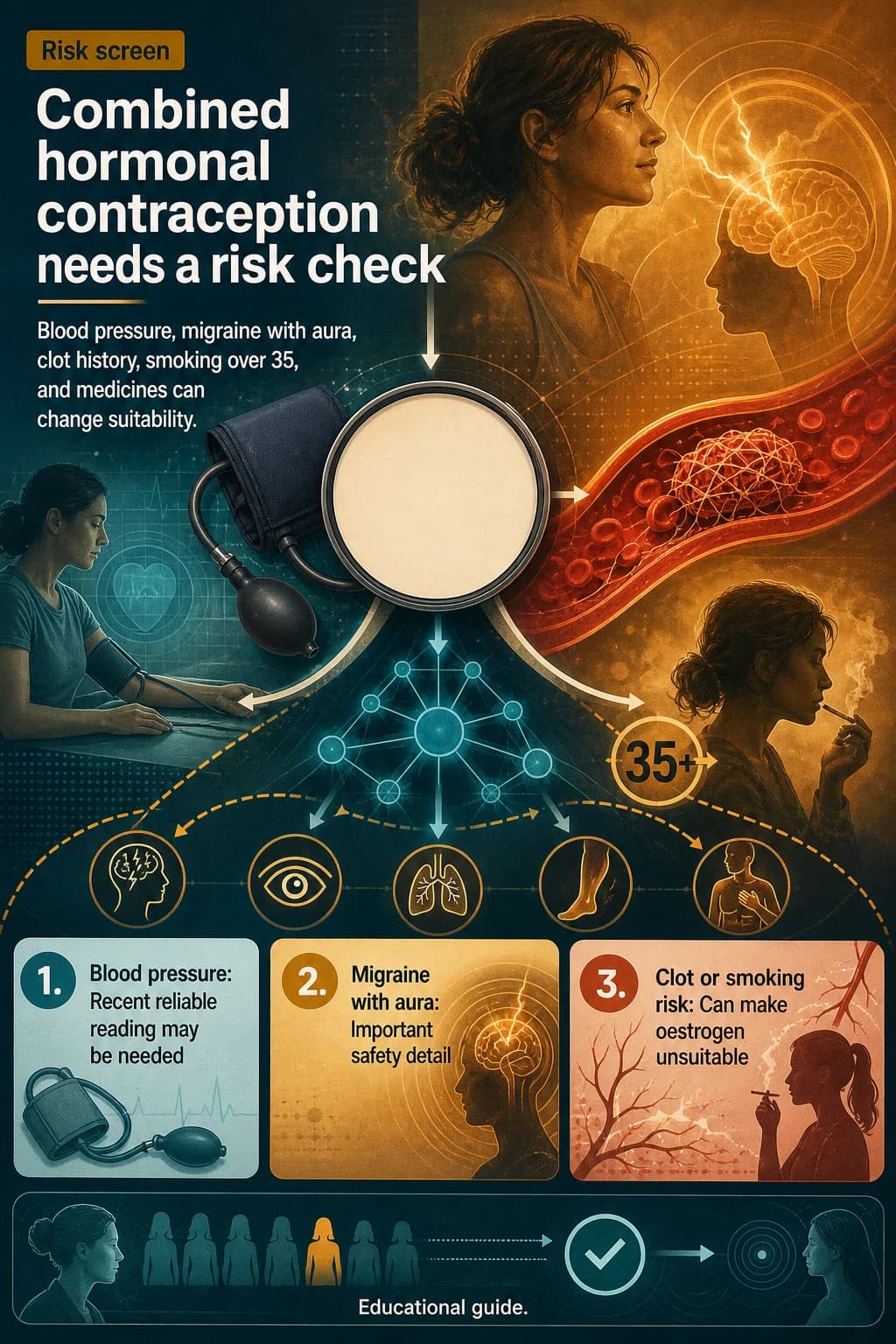 Combined hormonal contraception needs a risk check: Blood pressure, migraine with aura, clot history, smoking over 35, and medicines can change suitability.