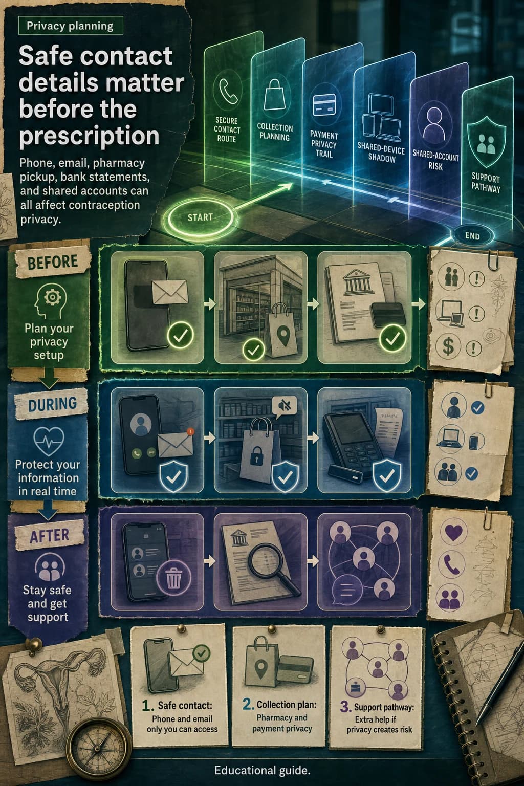 Safe contact details matter before the prescription: Phone, email, pharmacy pickup, bank statements, and shared accounts can all affect contraception privacy.