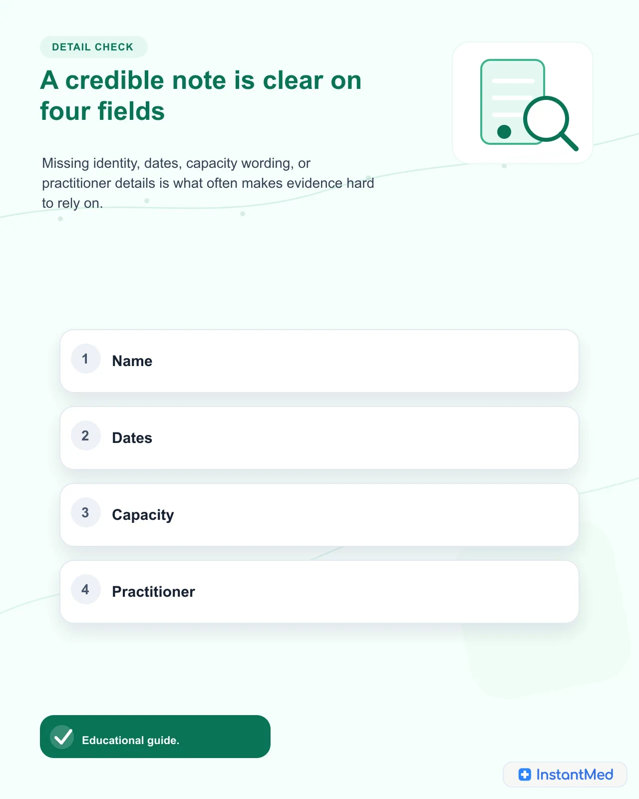 A credible note is clear on four fields: Missing identity, dates, capacity wording, or practitioner details is what often makes evidence hard to rely on.