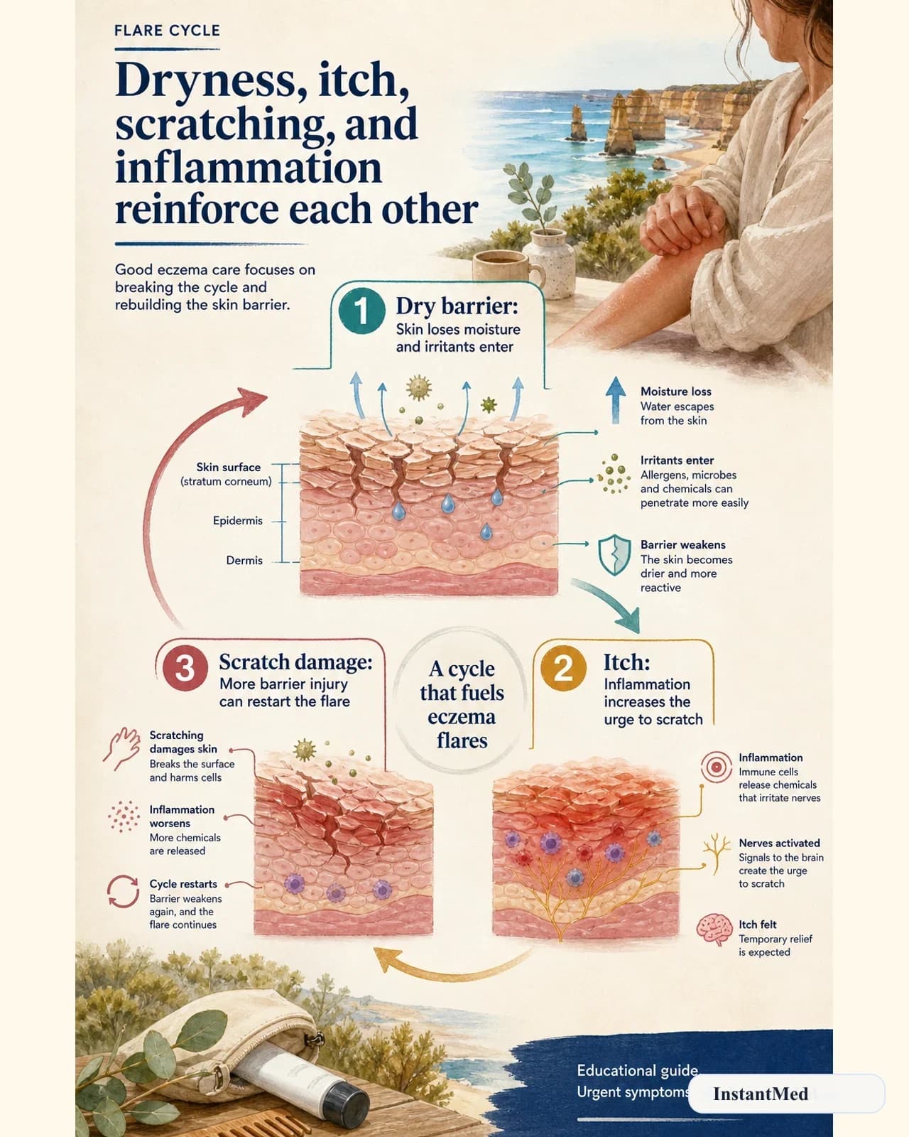 Dryness, itch, scratching, and inflammation reinforce each other. Good eczema care focuses on breaking the cycle and rebuilding the skin barrier.