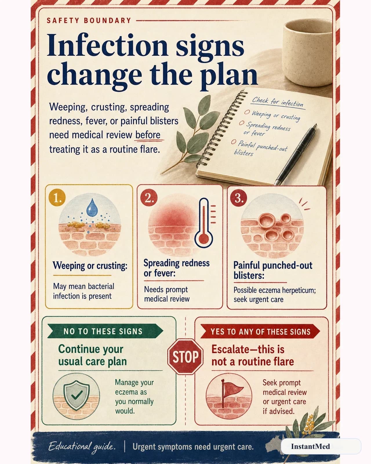 Infection signs change the plan: Weeping, crusting, spreading redness, fever, or painful blisters need medical review before treating it as a routine flare.