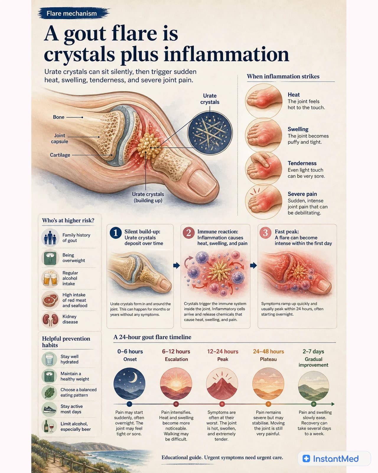 Gout flares often peak quickly. Sudden severe joint pain, swelling, warmth, and tenderness are typical, but infection can mimic gout.