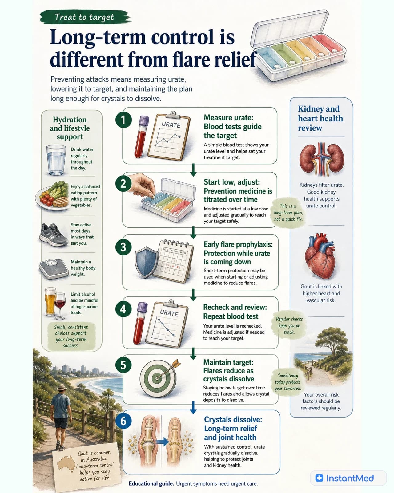 Long-term control is different from flare relief: Preventing attacks means measuring urate, lowering it to target, and maintaining the plan long enough for crystals to dissolve.
