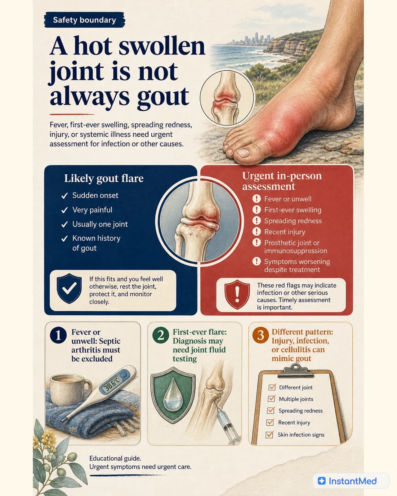 A hot swollen joint is not always gout: Fever, first-ever swelling, spreading redness, injury, or systemic illness need urgent assessment for infection or other causes.