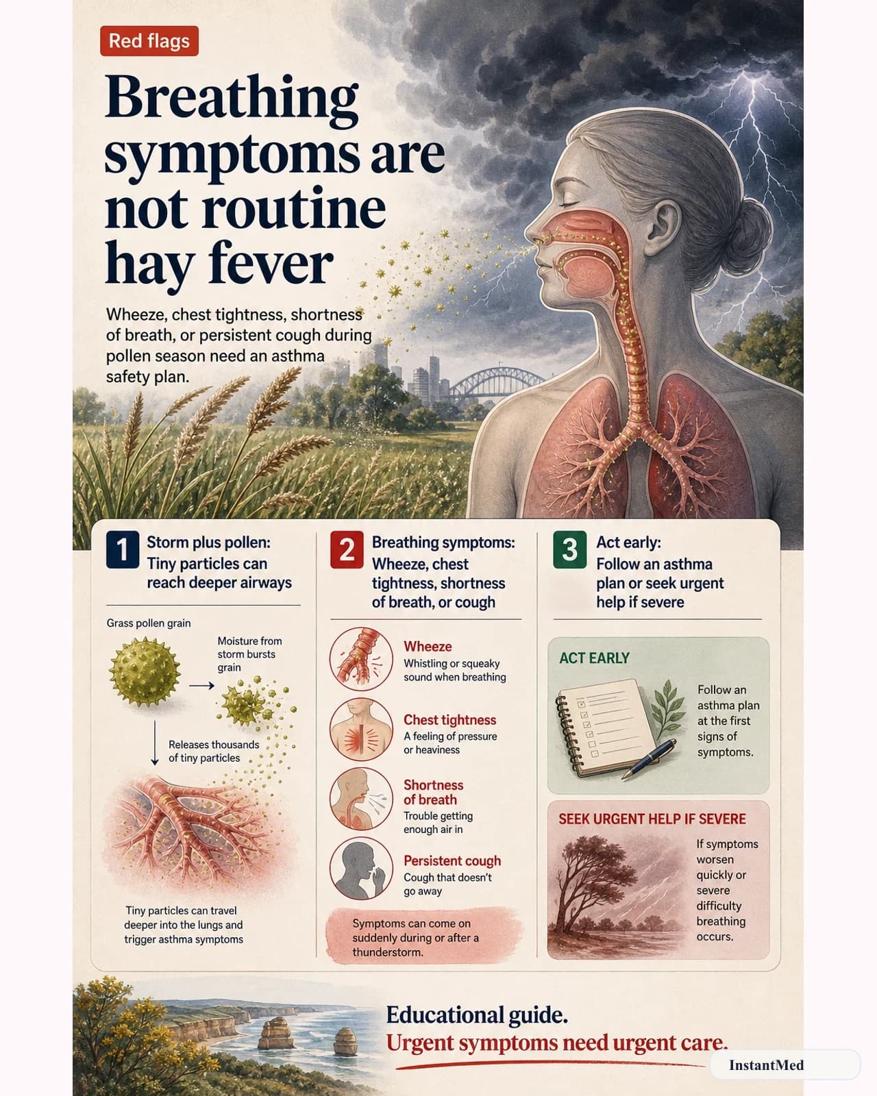 Breathing symptoms are not routine hay fever: Wheeze, chest tightness, shortness of breath, or persistent cough during pollen season need an asthma safety plan.