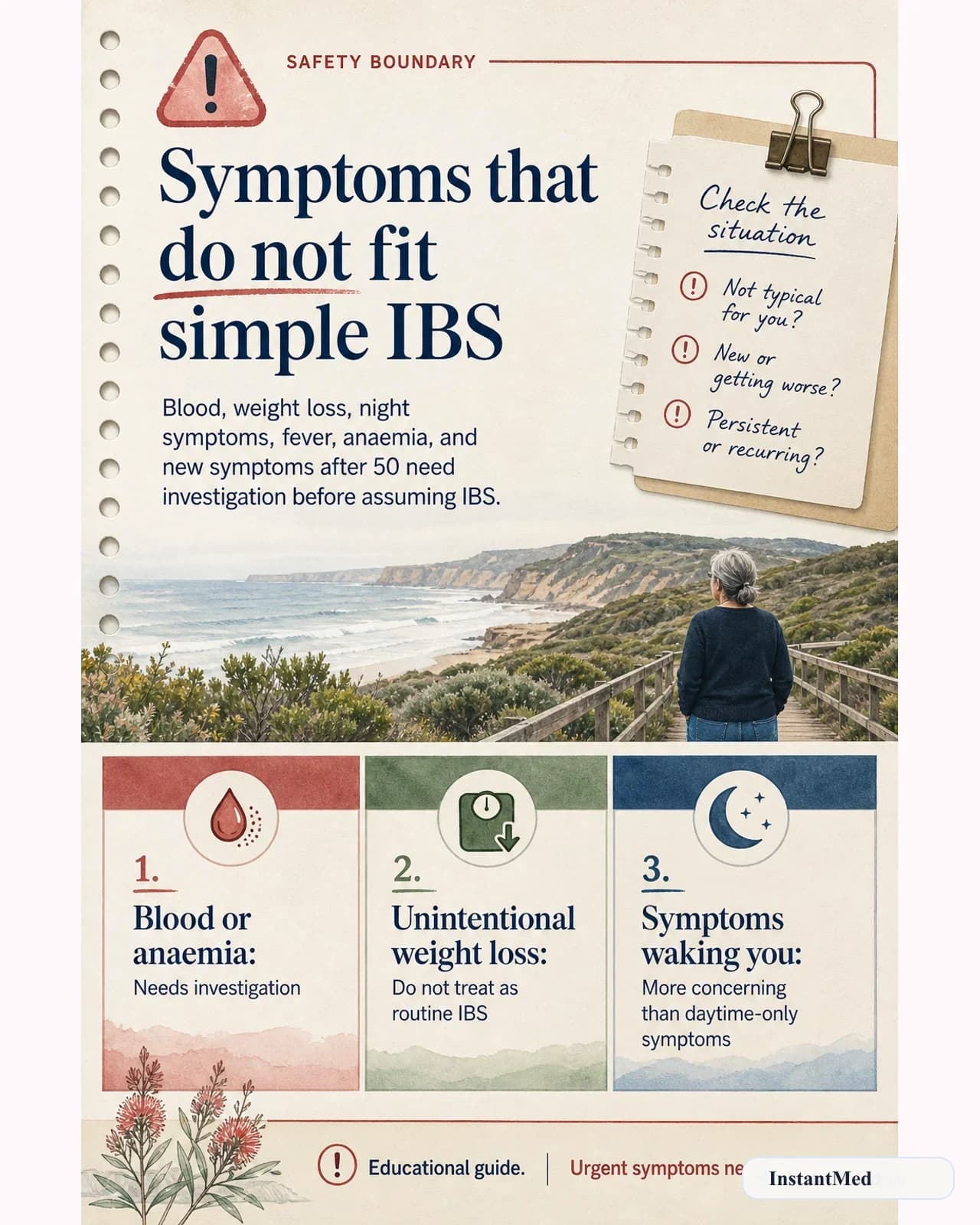 Symptoms that do not fit simple IBS: Blood, weight loss, night symptoms, fever, anaemia, and new symptoms after 50 need investigation before assuming IBS.
