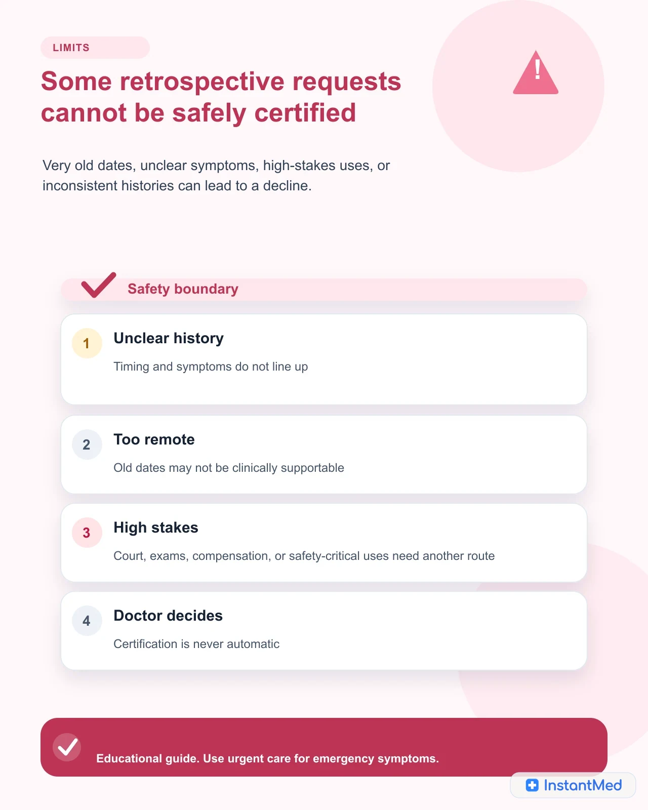 Some retrospective requests cannot be safely certified: Very old dates, unclear symptoms, high-stakes uses, or inconsistent histories can lead to a decline.