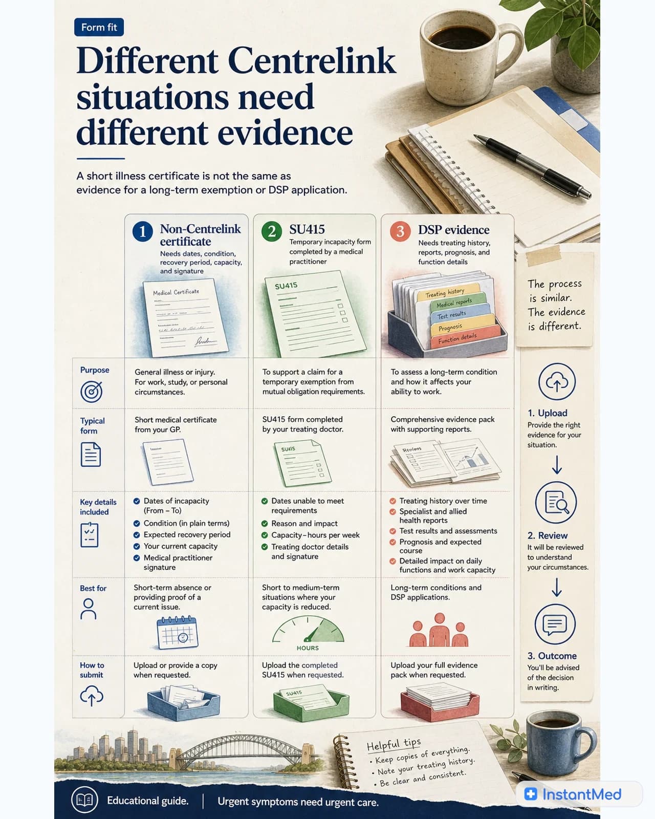 Different Centrelink situations need different evidence. A short illness certificate is not the same as evidence for a long-term exemption or DSP application.