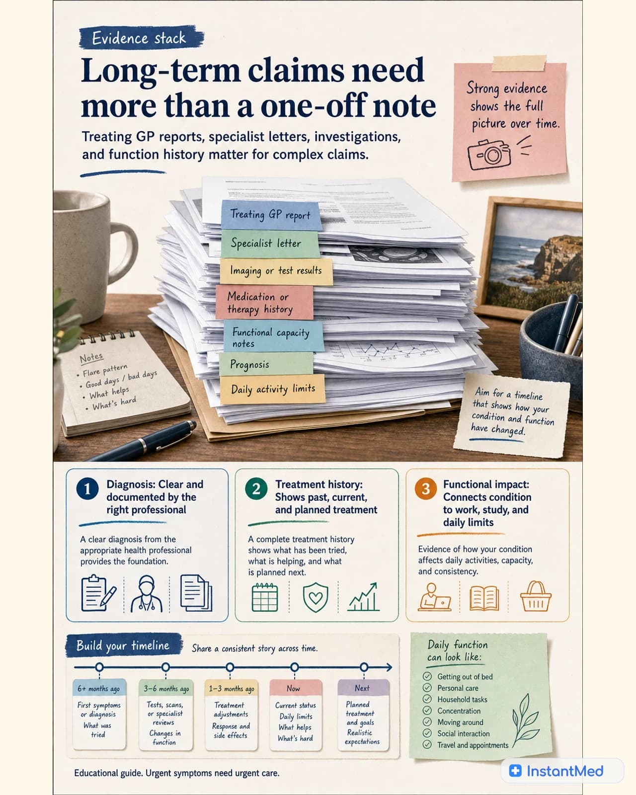 Long-term claims need more than a one-off note: Treating GP reports, specialist letters, investigations, and function history matter for complex claims.