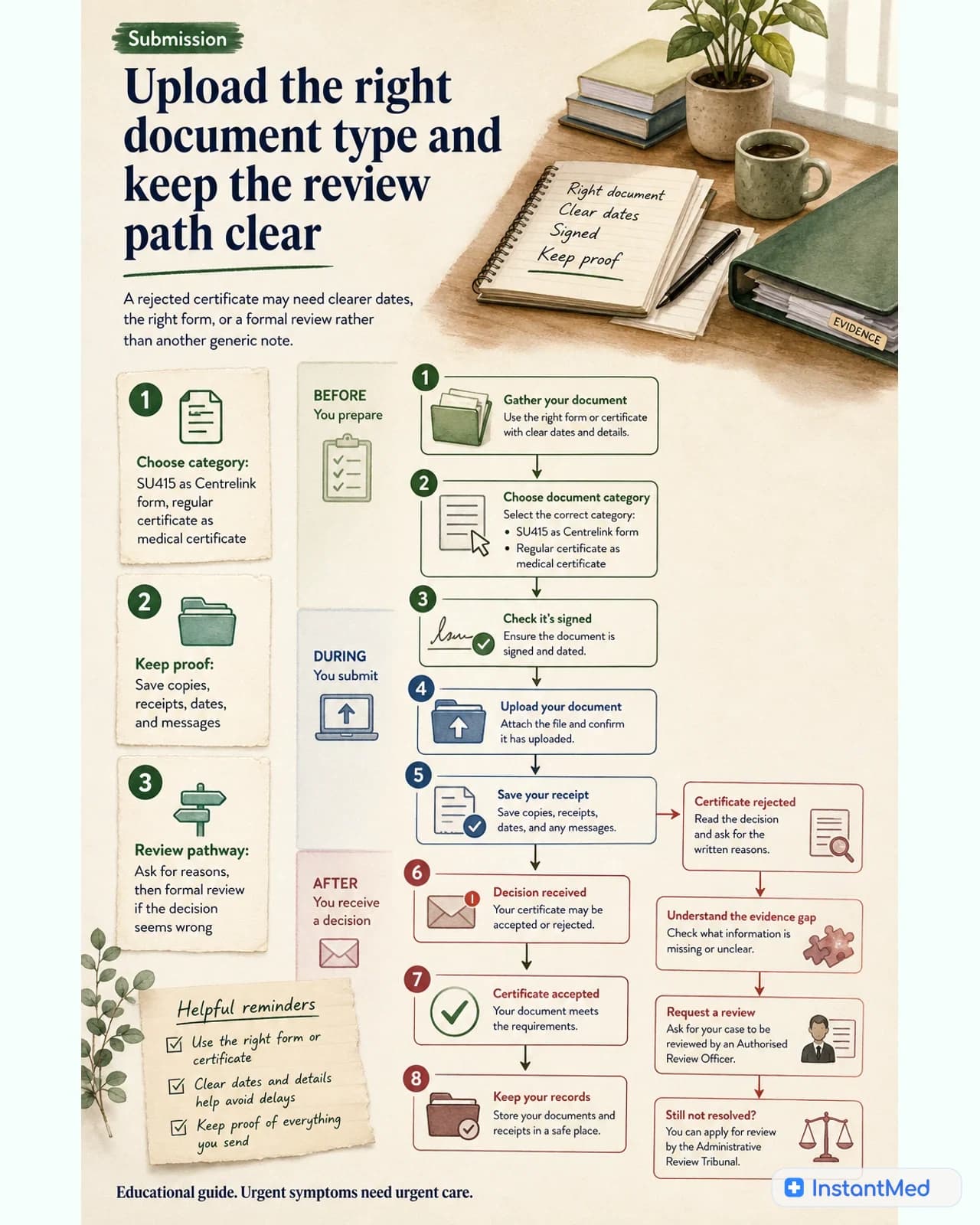 Upload the right document type and keep the review path clear: A rejected certificate may need clearer dates, the right form, or a formal review rather than another generic note.