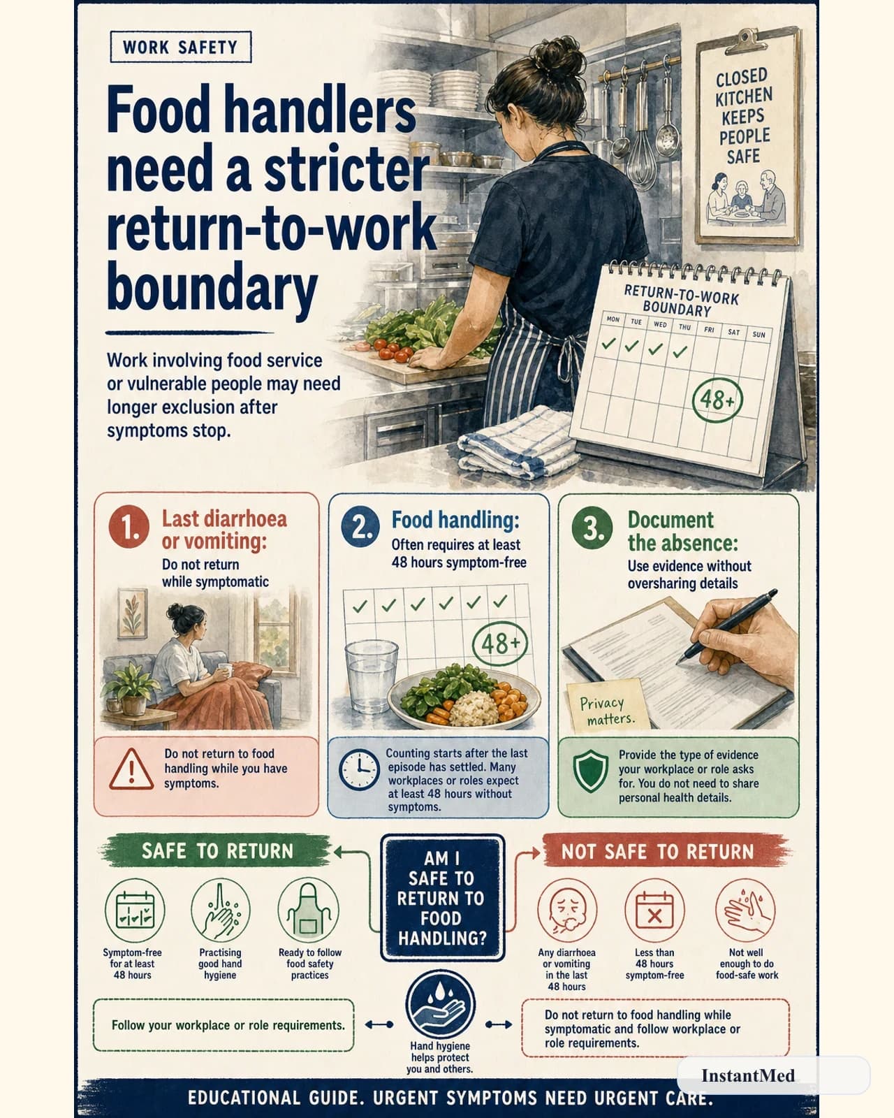 Food handlers need a stricter return-to-work boundary: Work involving food service or vulnerable people may need longer exclusion after symptoms stop.