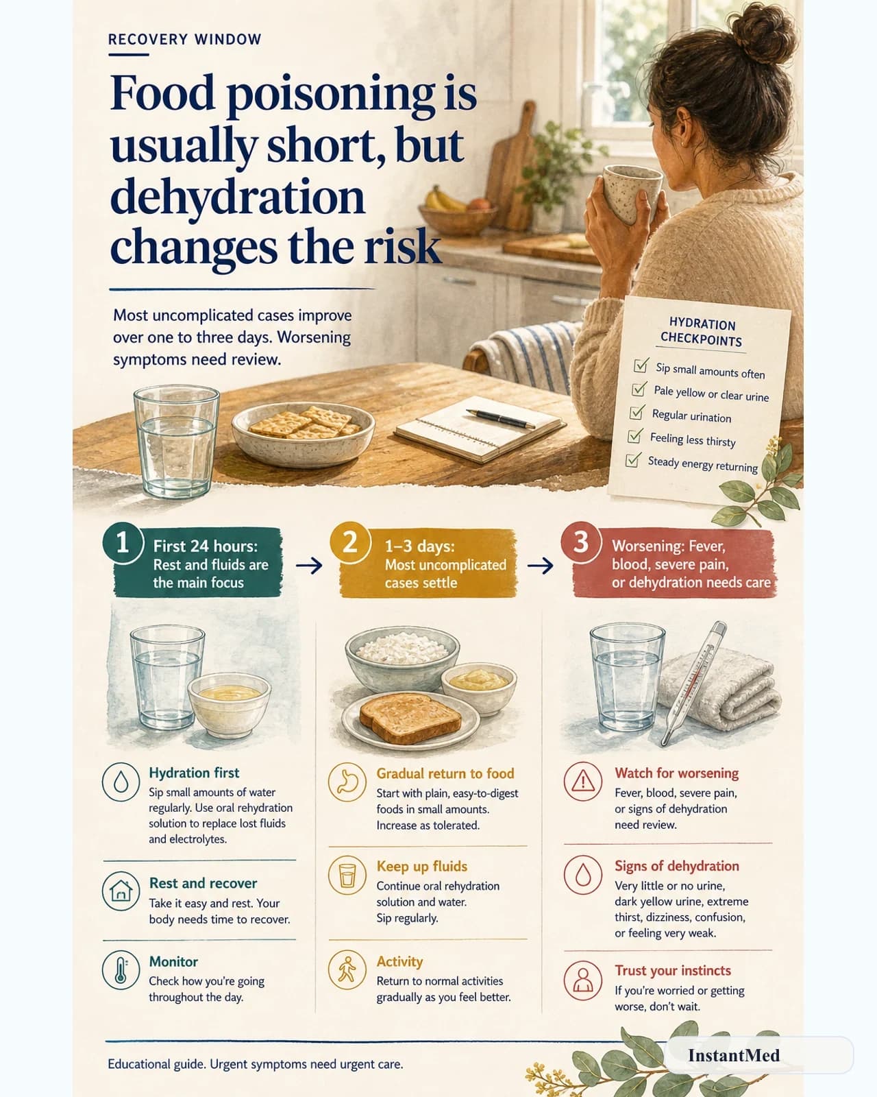 Food poisoning is usually short, but dehydration changes the risk. Most uncomplicated cases improve over one to three days. Worsening symptoms need review.