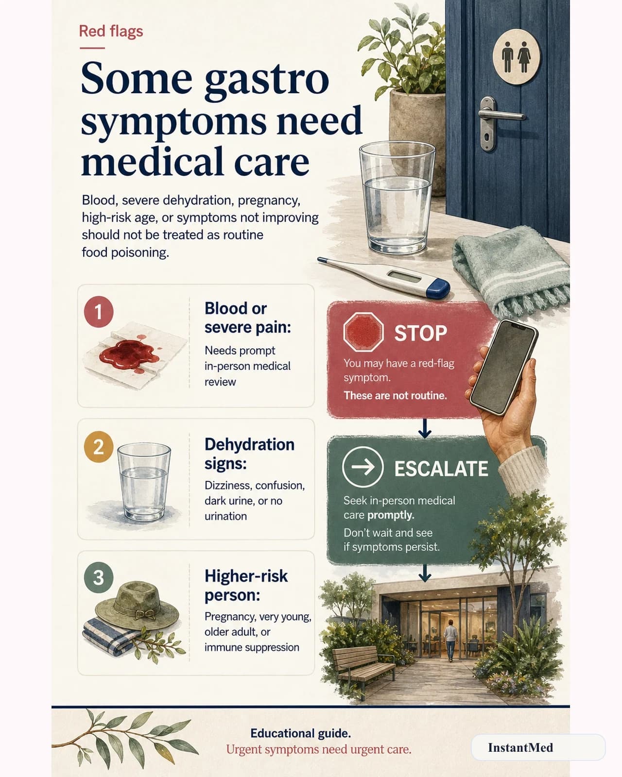 Some gastro symptoms need medical care: Blood, severe dehydration, pregnancy, high-risk age, or symptoms not improving should not be treated as routine food poisoning.