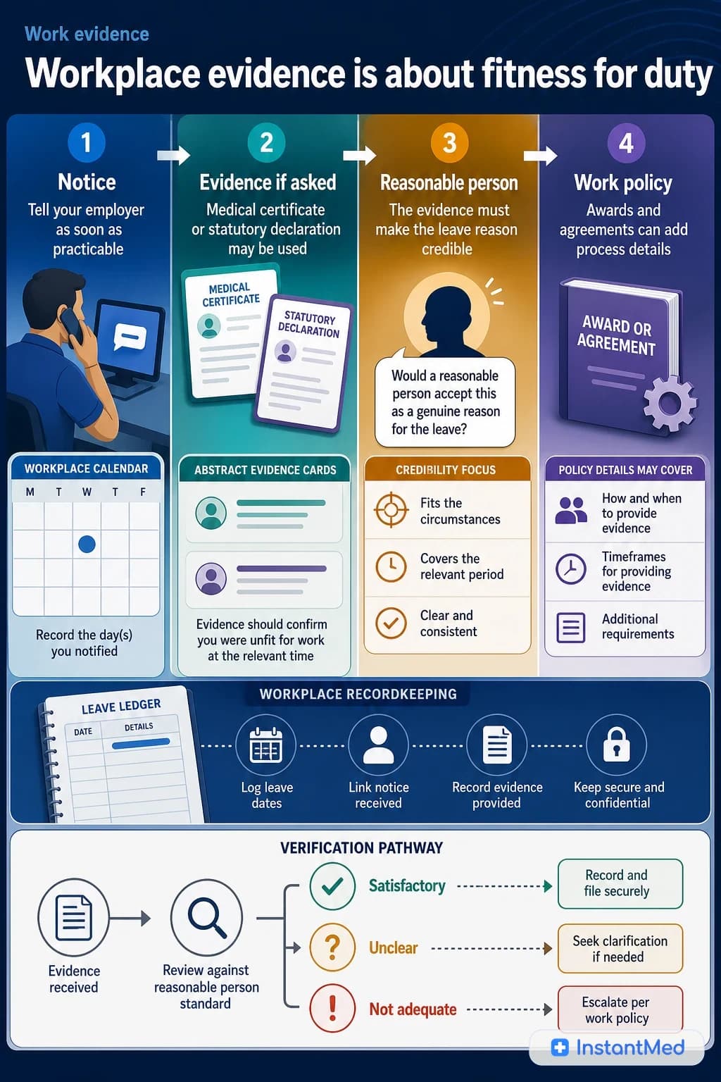 Workplace evidence graphic showing notice, medical certificate, statutory declaration, reasonable person standard, and work policy