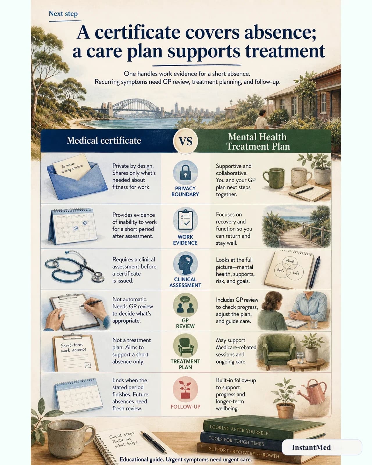 A certificate covers absence; a care plan supports treatment: One handles work evidence for a short absence. Recurring symptoms need doctor review, treatment planning, and follow-up.