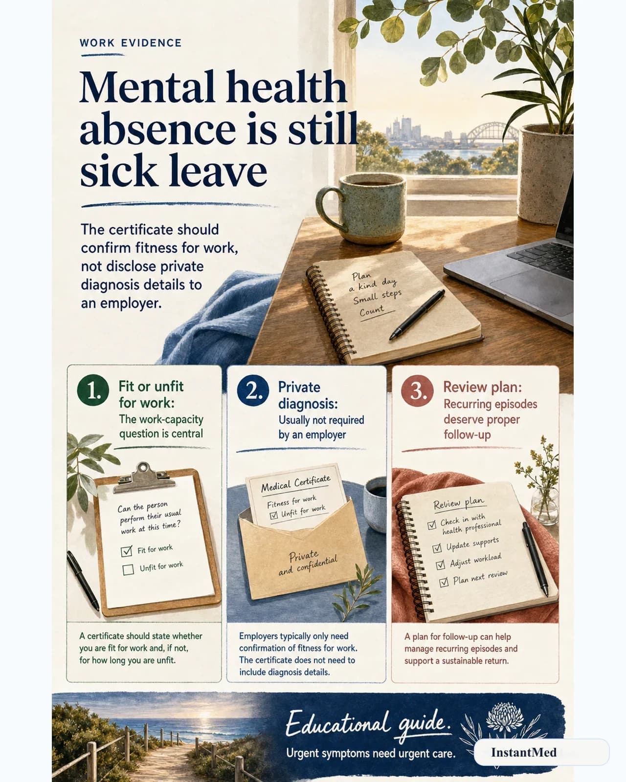 Mental health absence is still sick leave. The certificate should confirm fitness for work, not disclose private diagnosis details to an employer.