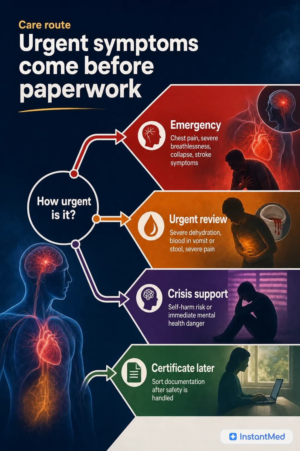 Urgent symptoms come before paperwork: Chest pain, severe breathing trouble, dehydration, severe pain, neurological symptoms, pregnancy red flags, or crisis symptoms need urgent or in-person care.