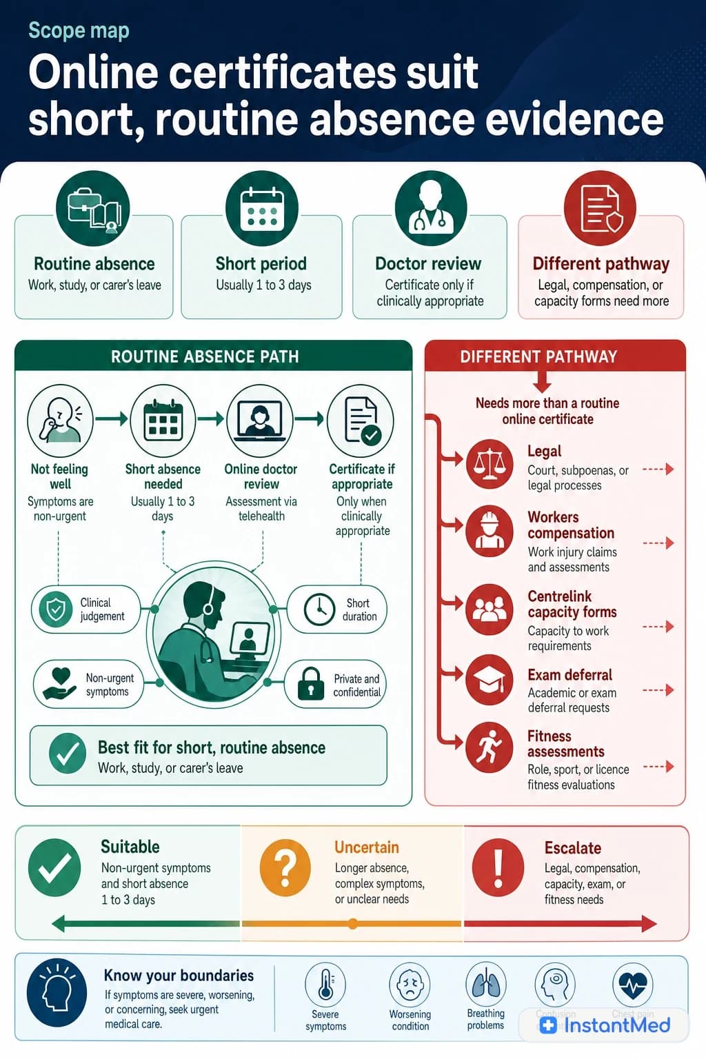 Online certificates suit short, routine absence evidence: Work, study, and carer's leave can fit online review when symptoms are non-urgent and the requested period is short.