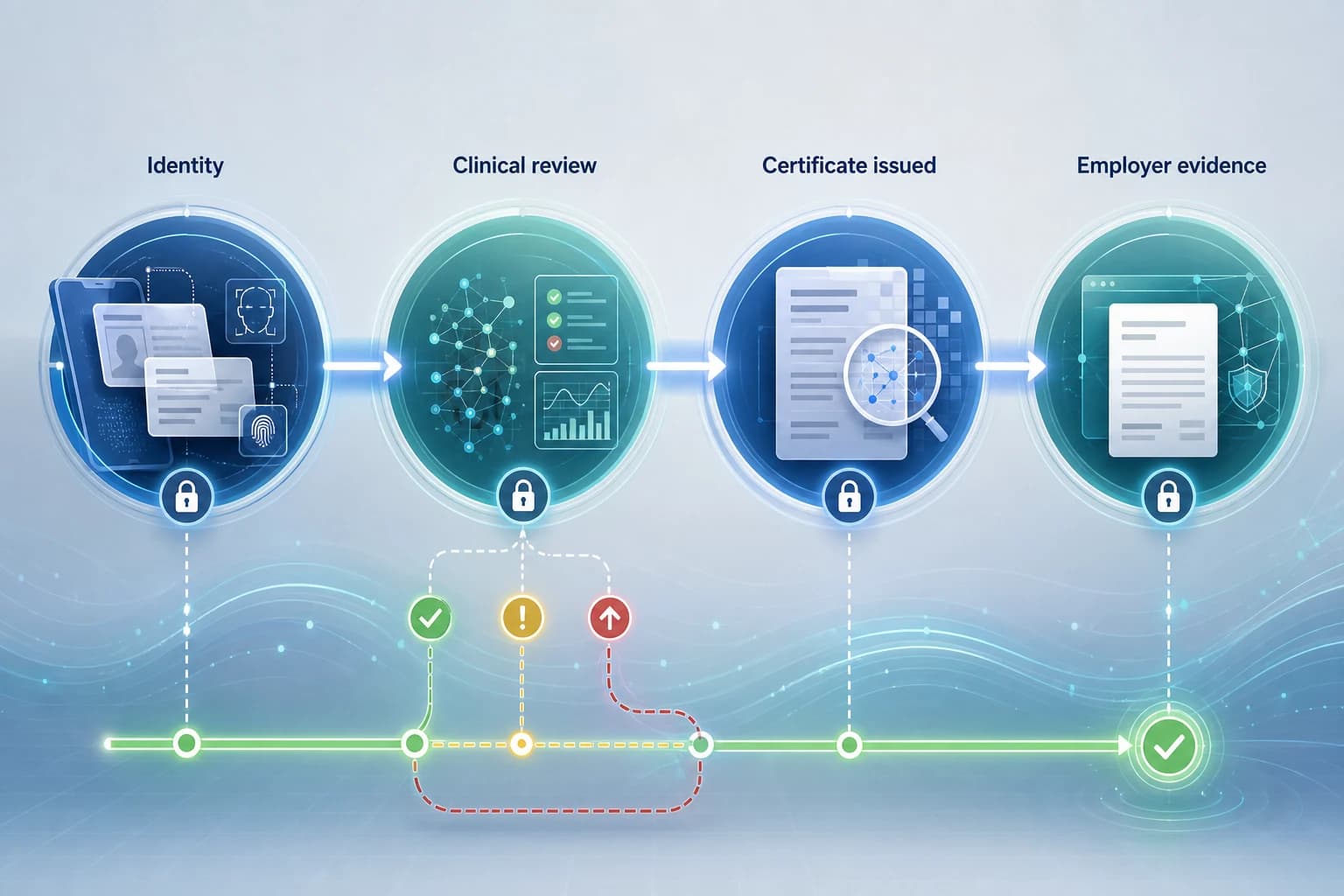 Educational pathway showing online medical certificate evidence, clinical review, practitioner registration, and employer submission