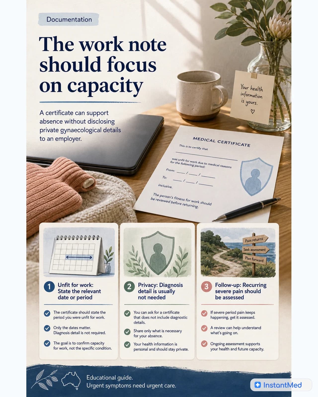 The work note should focus on capacity: A certificate can support absence without disclosing private gynaecological details to an employer.