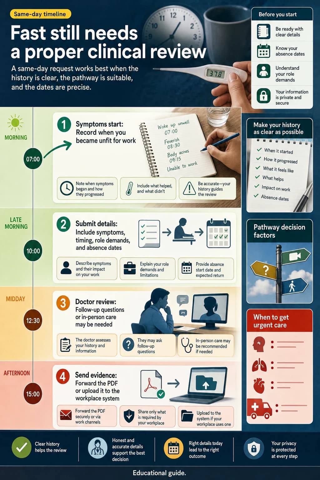 Same-day medical certificate timeline showing symptoms, submission details, doctor review, follow-up questions, and workplace evidence
