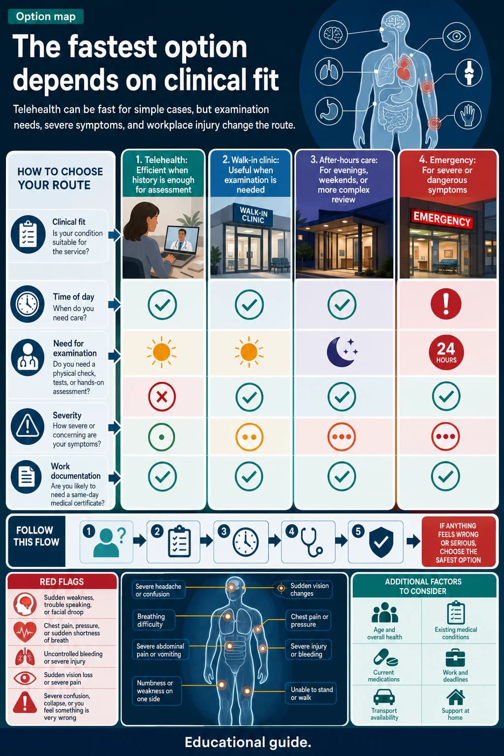 The fastest option depends on clinical fit: Telehealth can be fast for simple cases, but examination needs, severe symptoms, and workplace injury change the route.