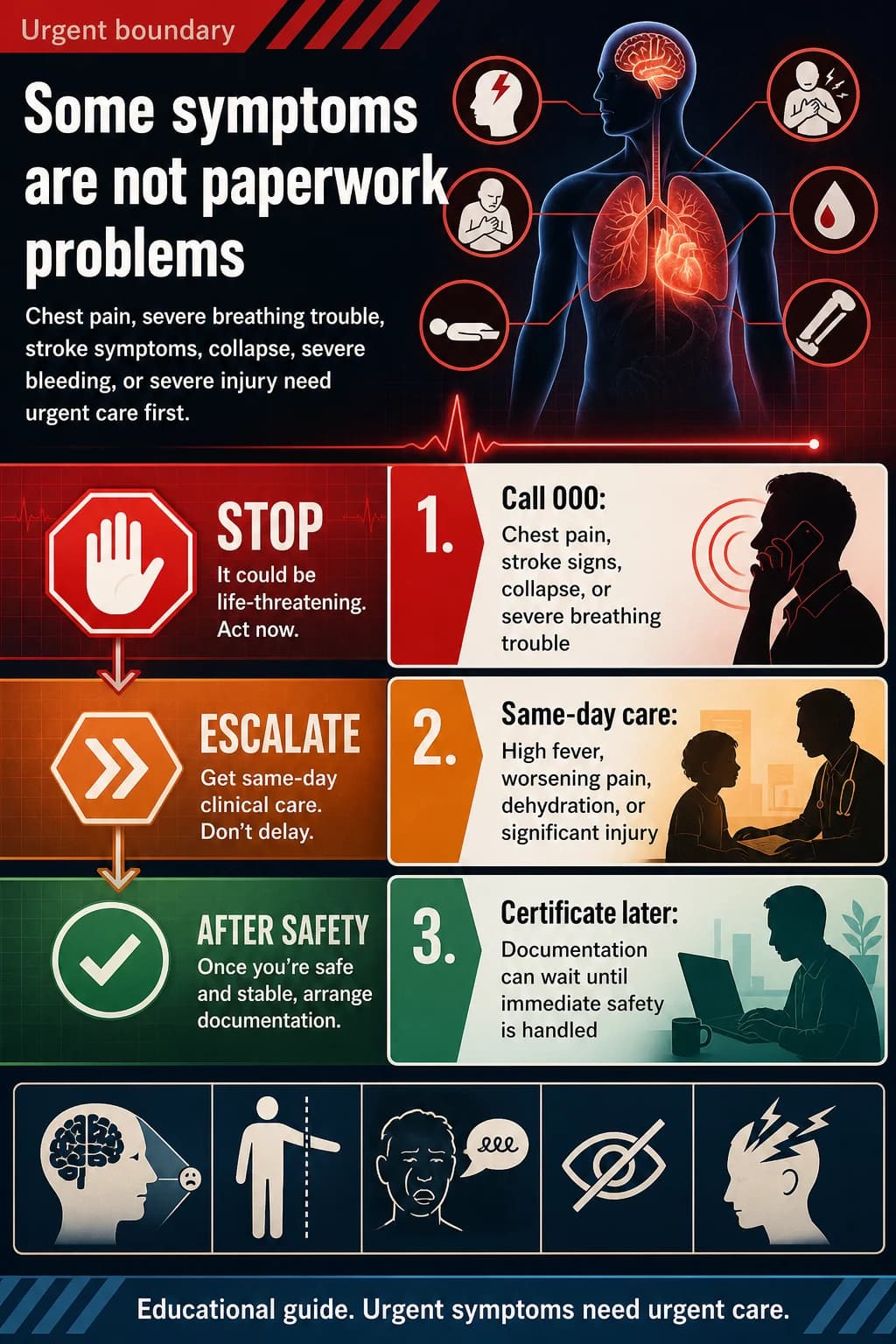 Some symptoms are not paperwork problems: Chest pain, severe breathing trouble, stroke symptoms, collapse, severe bleeding, or severe injury need urgent care first.
