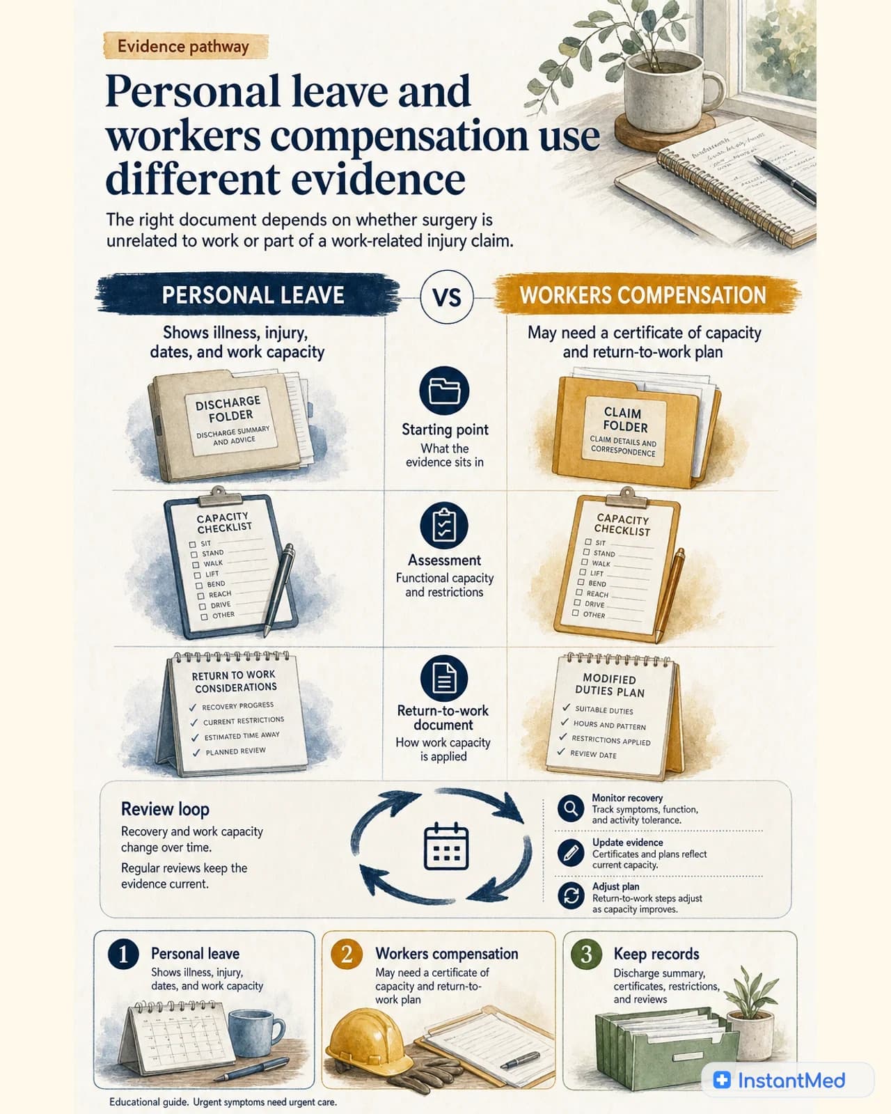 Personal leave and workers compensation use different evidence: The right document depends on whether surgery is unrelated to work or part of a work-related injury claim.