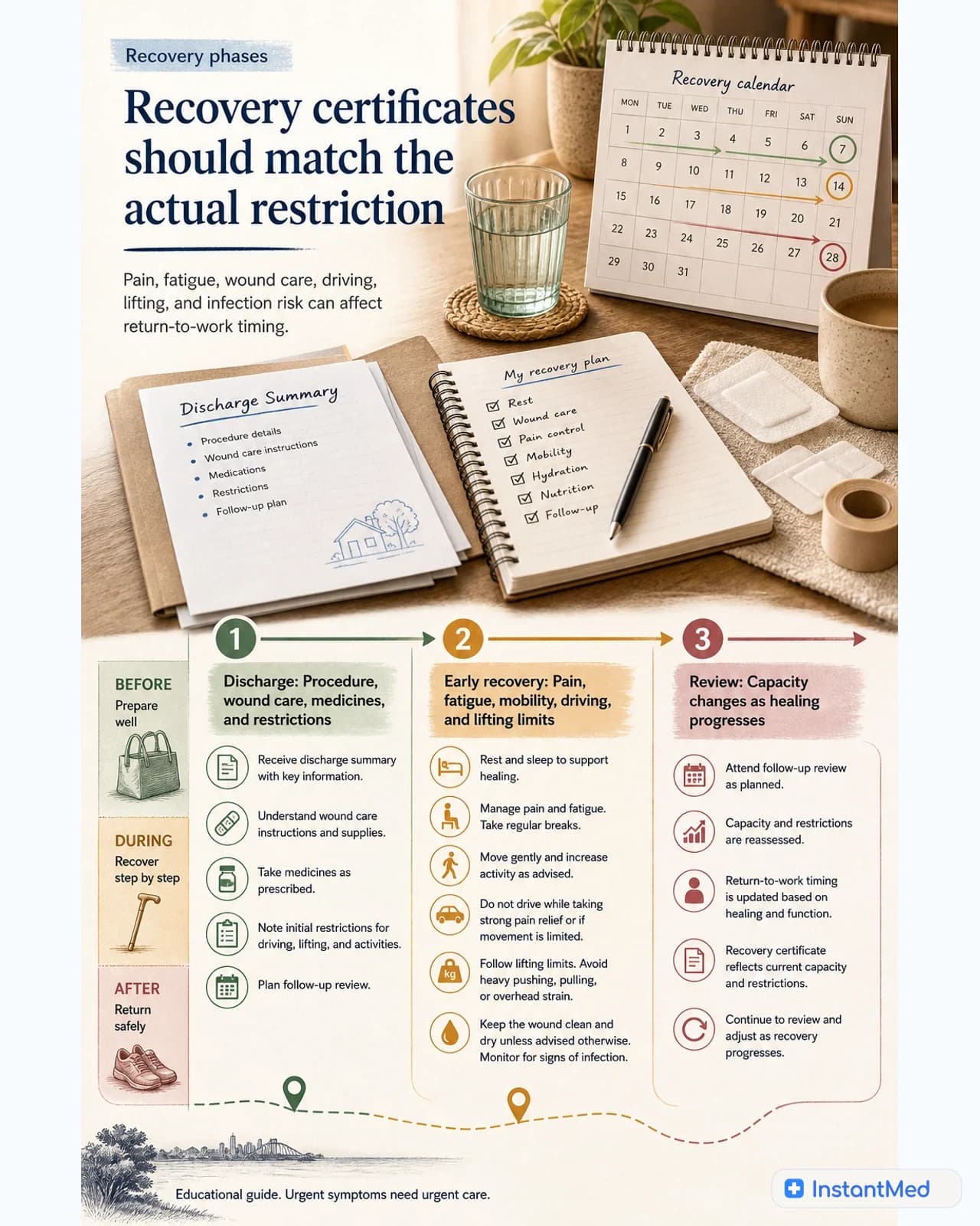 Recovery certificates should match the actual restriction. Pain, fatigue, wound care, driving, lifting, and infection risk can affect return-to-work timing.