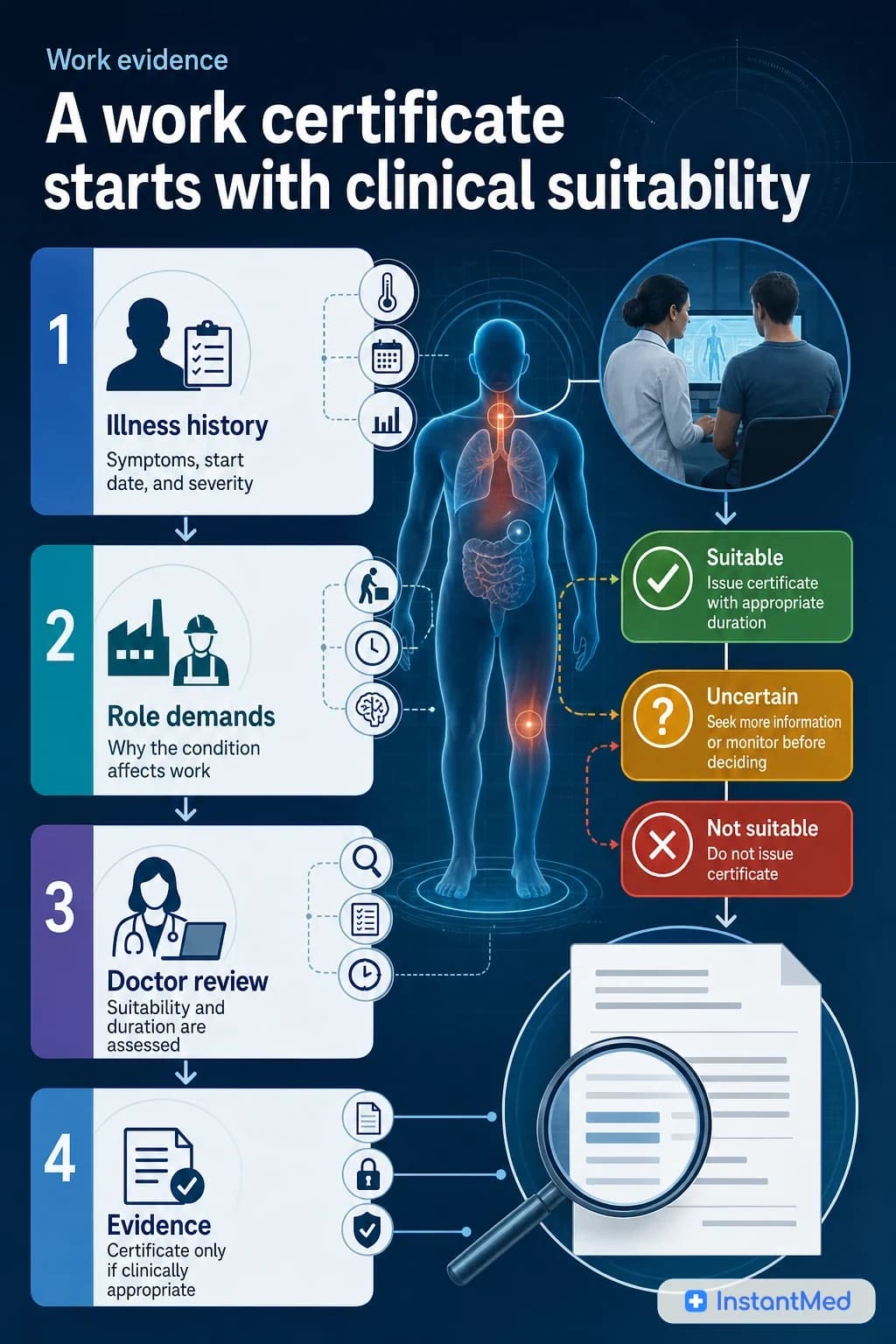 A work certificate starts with clinical suitability. The doctor reviews illness, timing, role demands, red flags, and certificate dates before issuing evidence.
