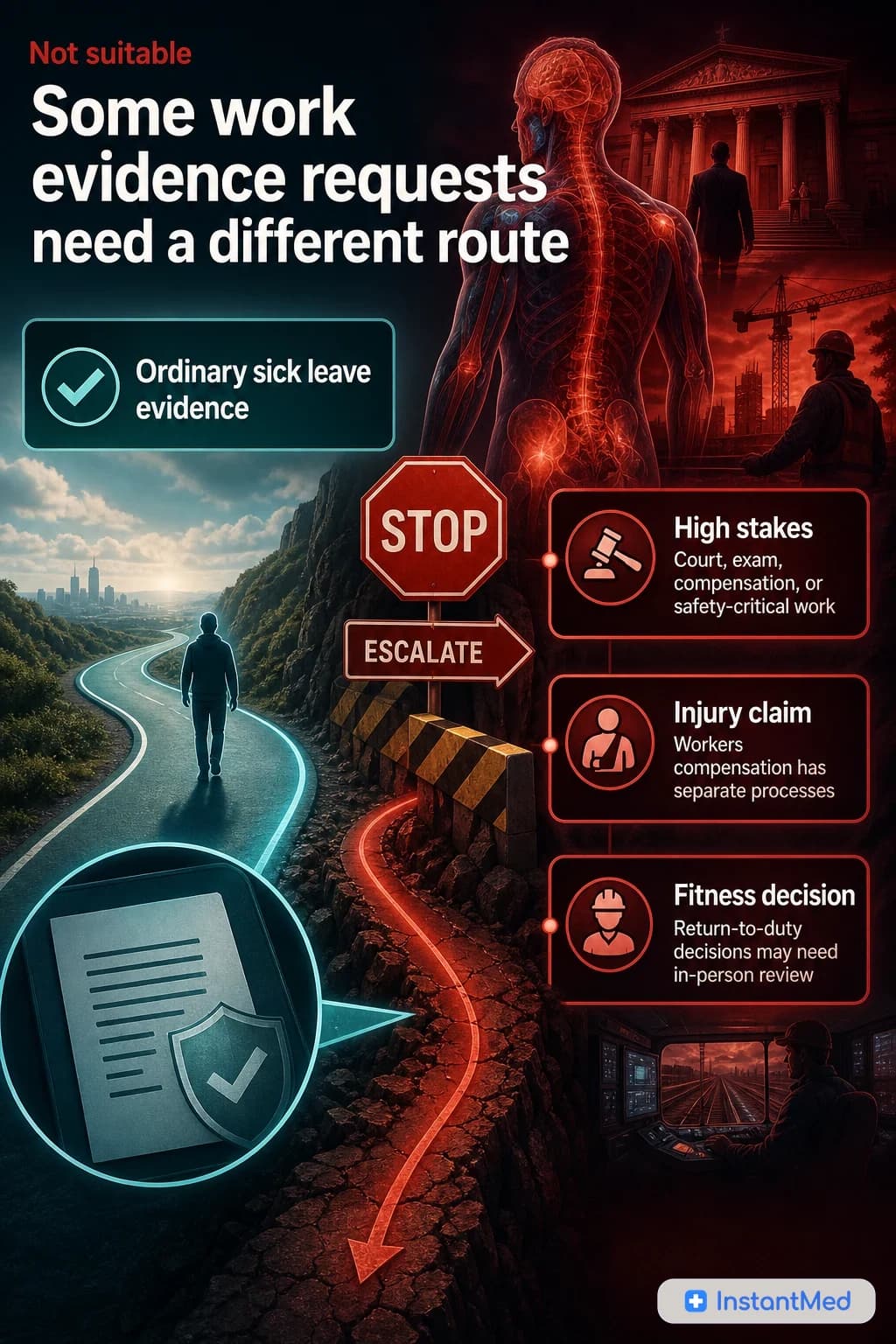 Some work evidence requests need a different route: Workers comp, fitness-for-duty, court, exams, safety-critical work, or disputed performance need more formal assessment.