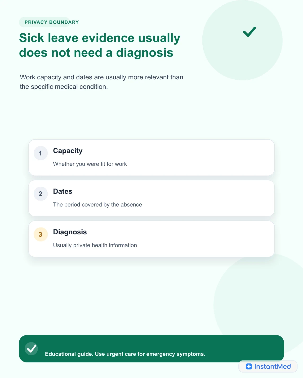Sick leave evidence usually does not need a diagnosis: Work capacity and dates are usually more relevant than the specific medical condition.