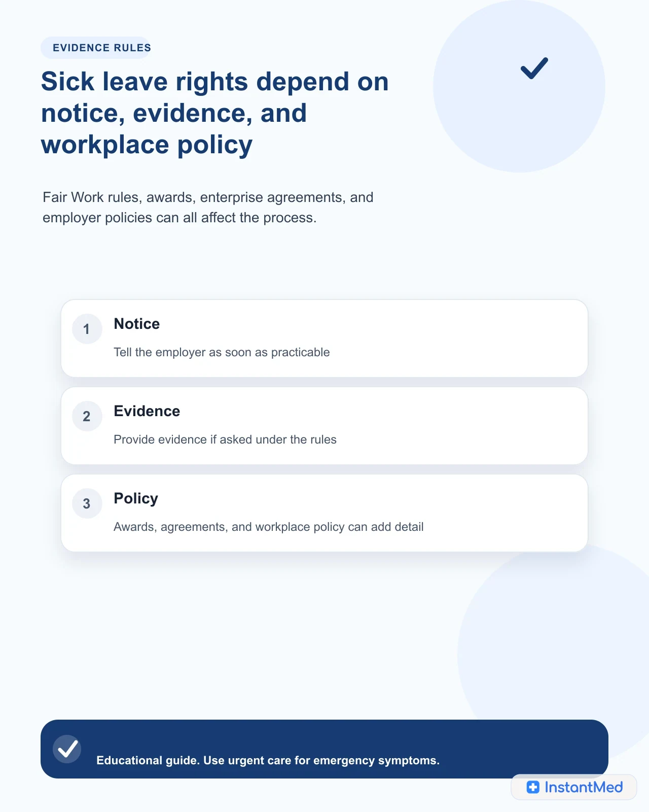 Sick leave rights depend on notice, evidence, and workplace policy. Fair Work rules, awards, enterprise agreements, and employer policies can all affect the process.