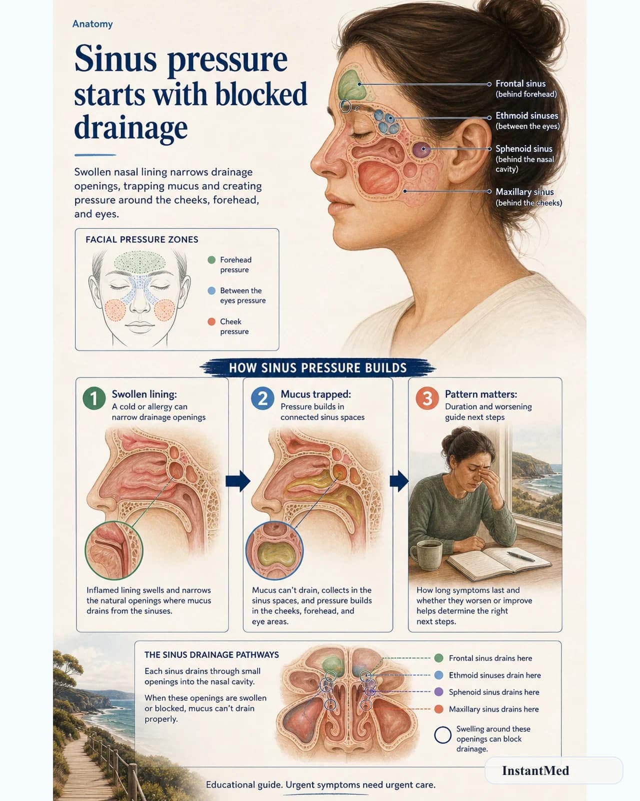 Sinus pressure starts with blocked drainage: Swollen nasal lining narrows drainage openings, trapping mucus and creating pressure around the cheeks, forehead, and eyes.