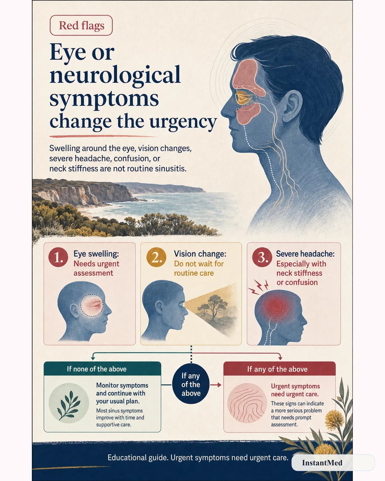 Eye or neurological symptoms change the urgency: Swelling around the eye, vision changes, severe headache, confusion, or neck stiffness are not routine sinusitis.