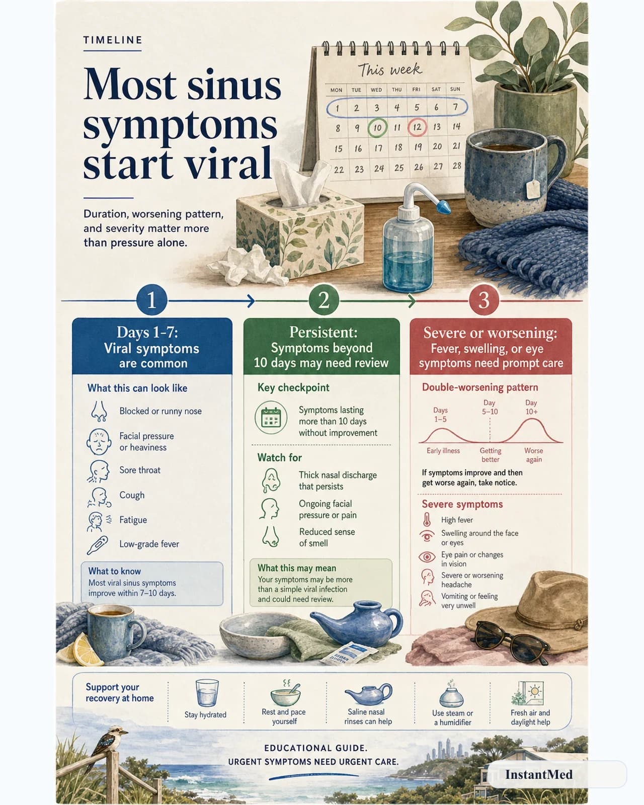 Most sinus symptoms start viral. Duration, worsening pattern, and severity matter more than pressure alone.