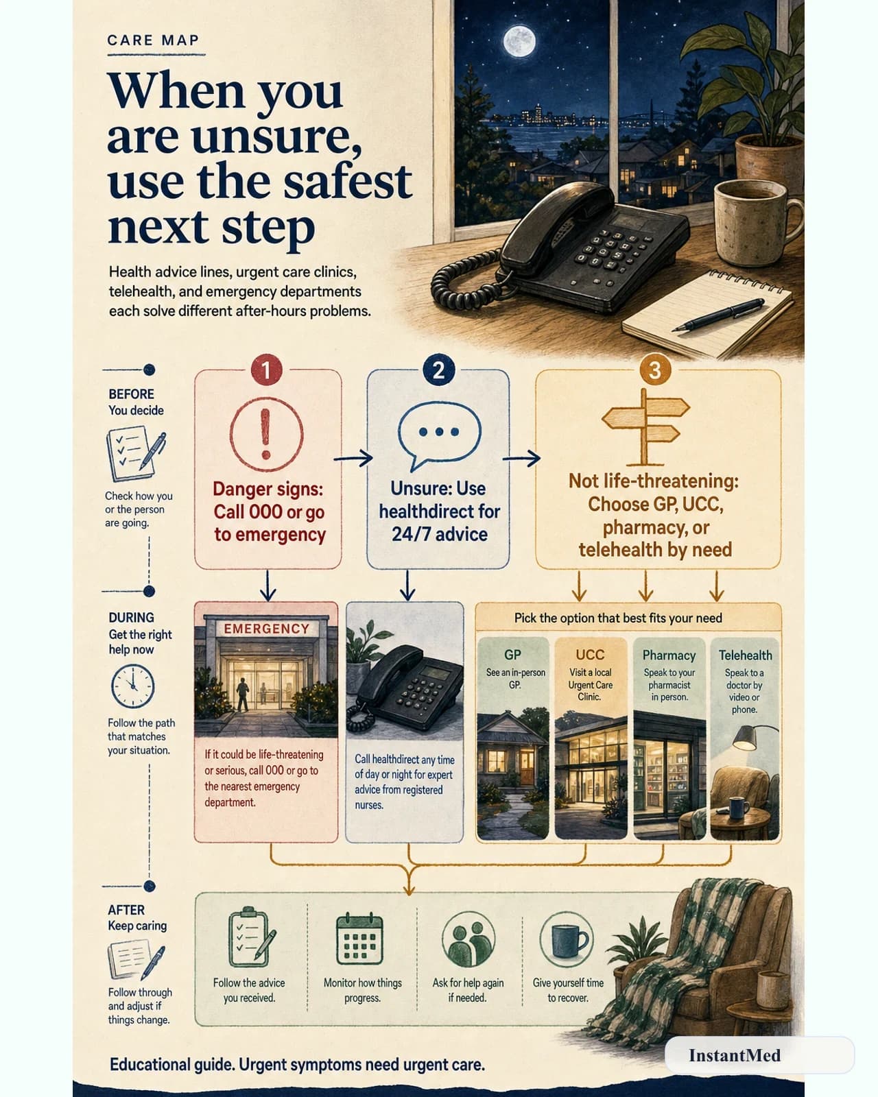 When you are unsure, use the safest next step: Health advice lines, urgent care clinics, telehealth, and emergency departments each solve different after-hours problems.