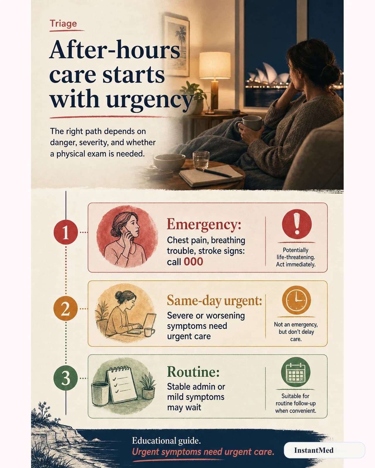 After-hours care starts with urgency. The right path depends on danger, severity, and whether a physical exam is needed.