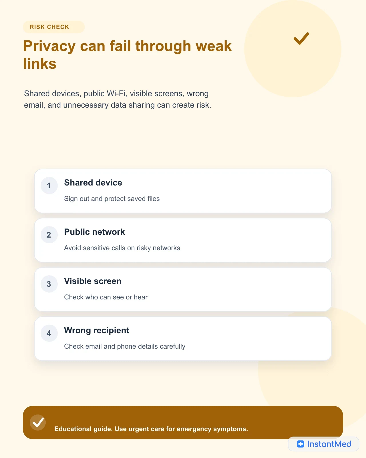 Privacy can fail through weak links: Shared devices, public Wi-Fi, visible screens, wrong email, and unnecessary data sharing can create risk.