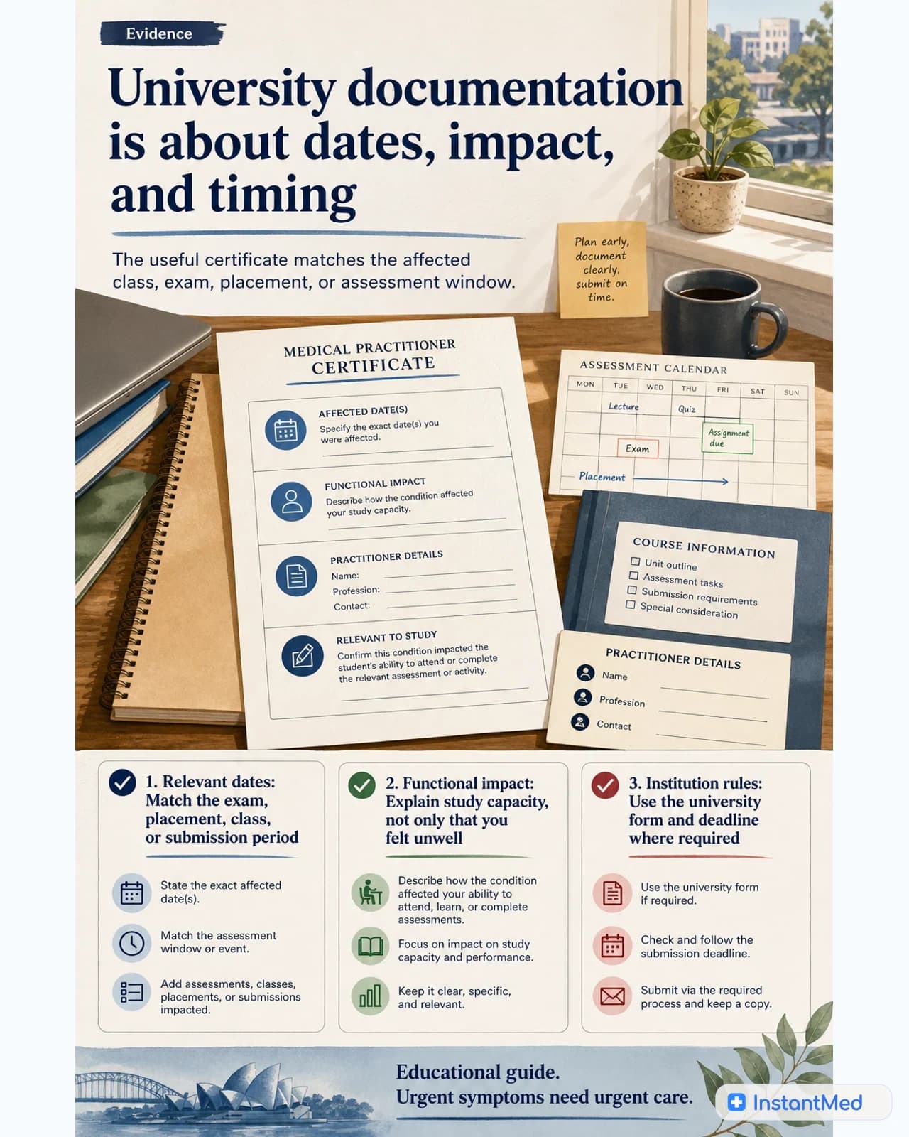 University documentation is about dates, impact, and timing. The useful certificate matches the affected class, exam, placement, or assessment window.