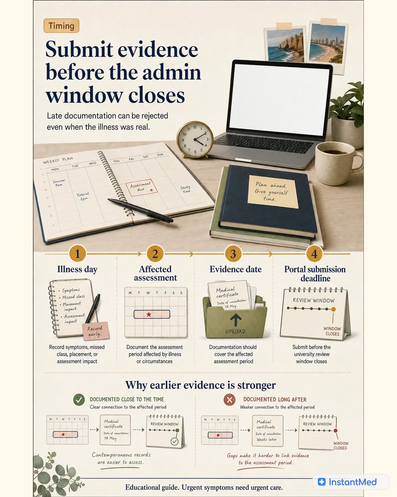 Submit evidence before the admin window closes: Late documentation can be rejected even when the illness was real.