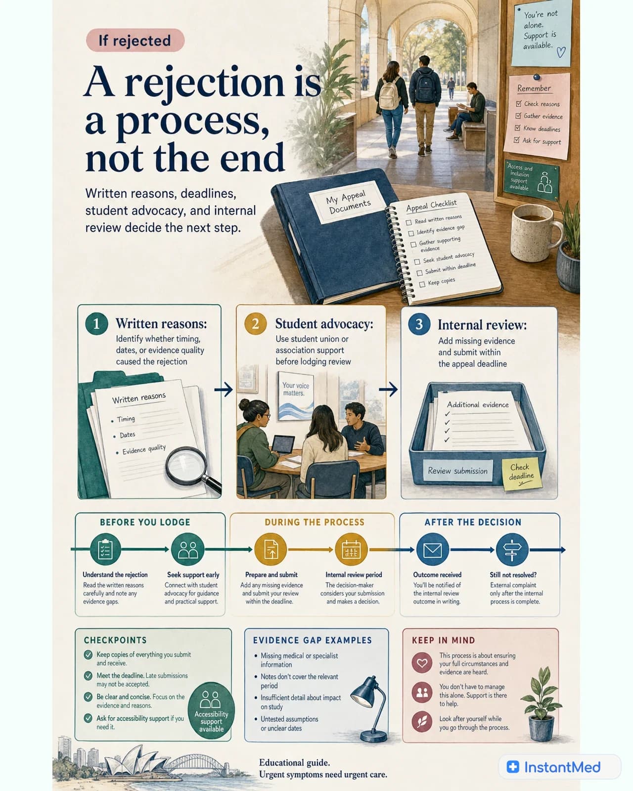 A rejection is a process, not the end: Written reasons, deadlines, student advocacy, and internal review decide the next step.