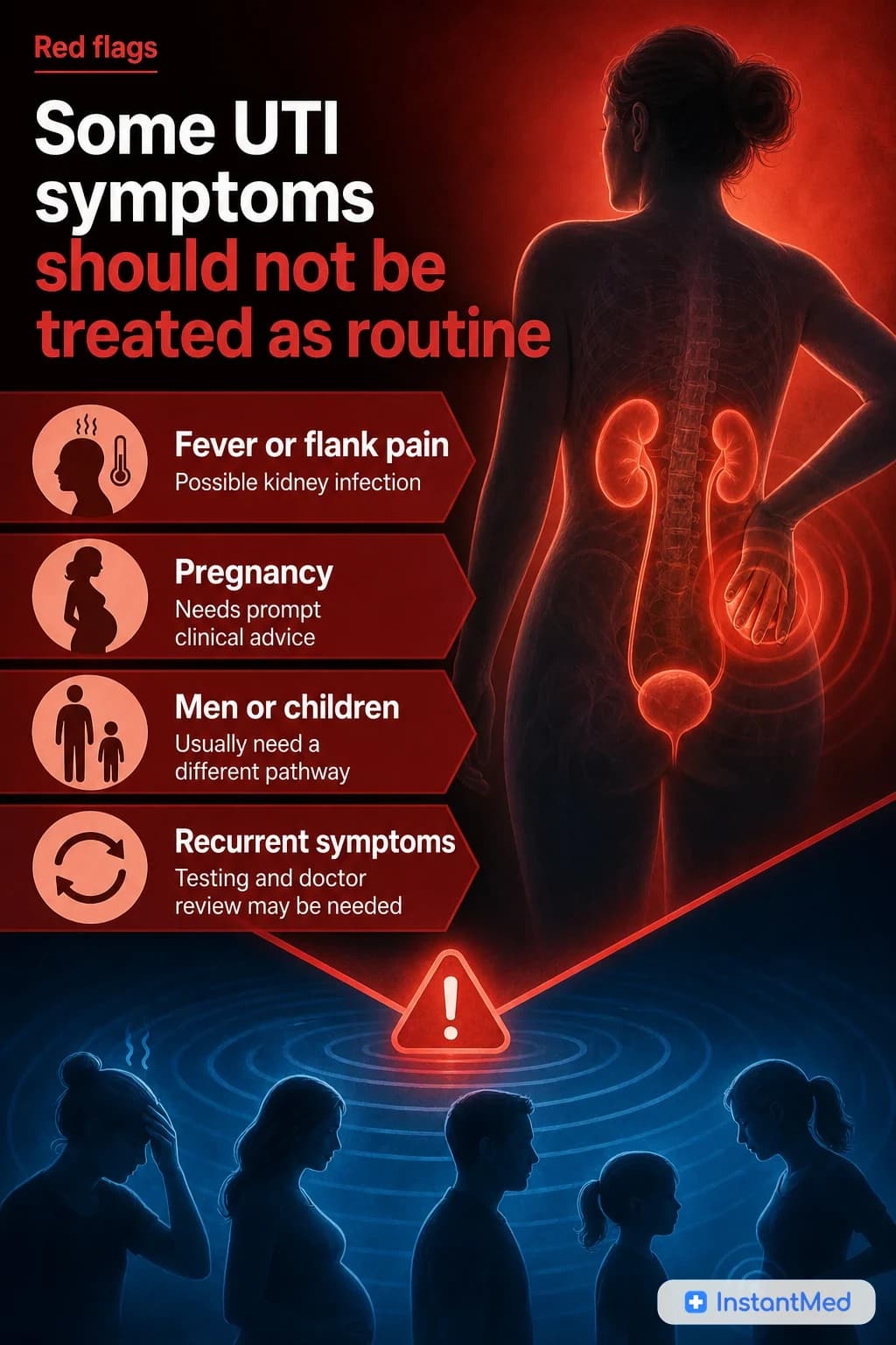 Some UTI symptoms should not be treated as routine: Fever, flank pain, vomiting, pregnancy, blood, severe pain, or recurrent symptoms need prompt assessment.